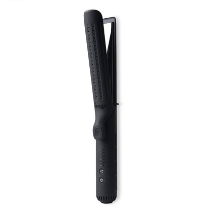 The black Le Duo Grande is open & stands vertically, showing cooling vents, temperature range & more.